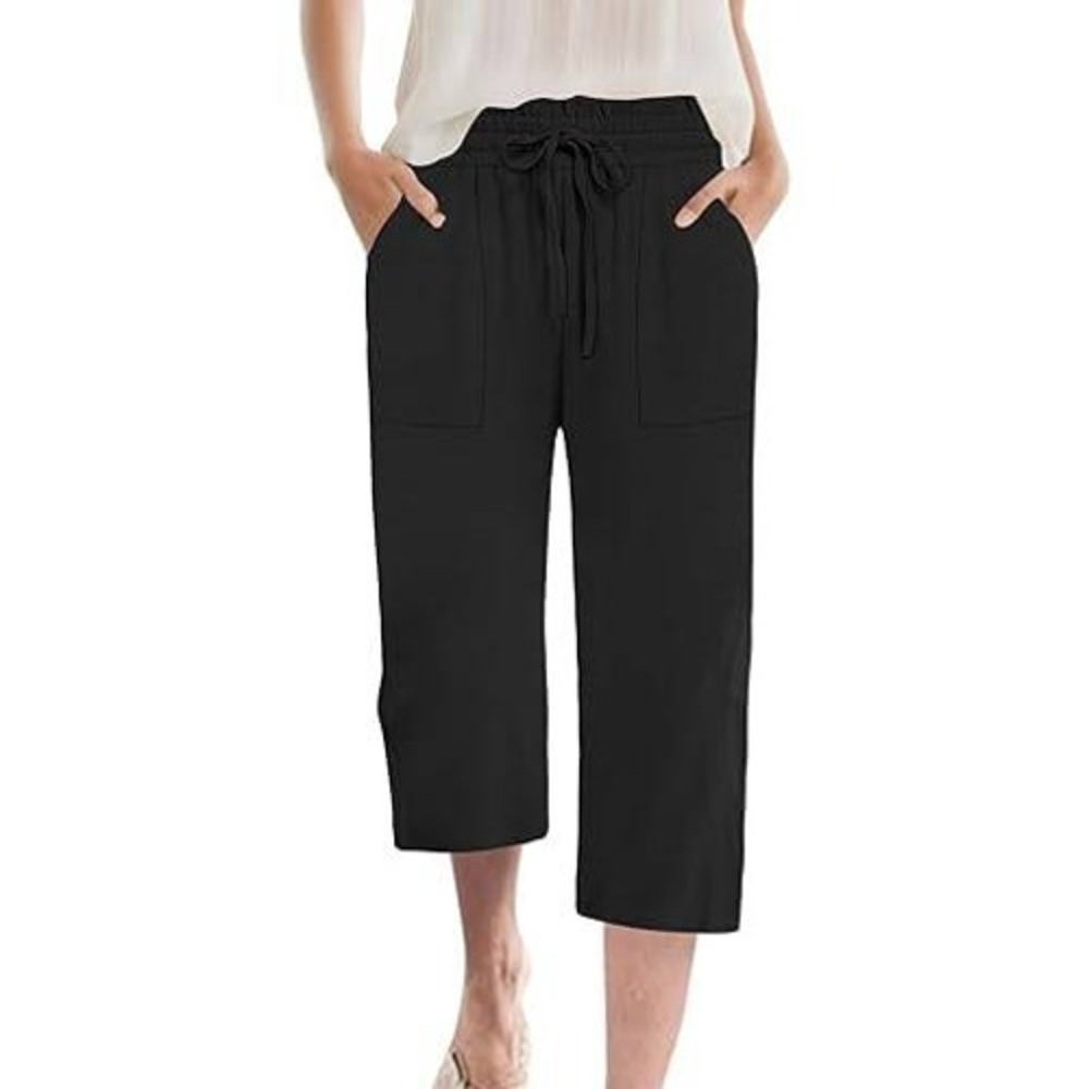 Fenini for Silhouettes Women Linen Crop Pants 2XL Black Lagenlook Coastal Grand
